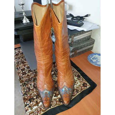 Pre-owned Lella Baldi Leather Western Boots In Camel