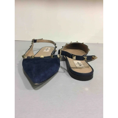 Pre-owned Valentino Garavani Rockstud Navy Suede Ballet Flats