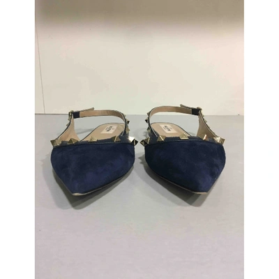 Pre-owned Valentino Garavani Rockstud Navy Suede Ballet Flats