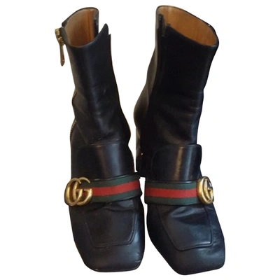 Pre-owned Gucci Marmont Black Leather Ankle Boots