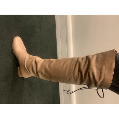Pre-owned Pinko Leather Riding Boots In Beige