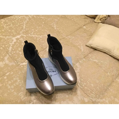 Pre-owned Prada Monolith  Leather Ankle Boots In Silver