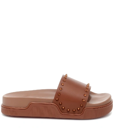 Shop Christian Louboutin Pool Stud Leather Slides In Brown