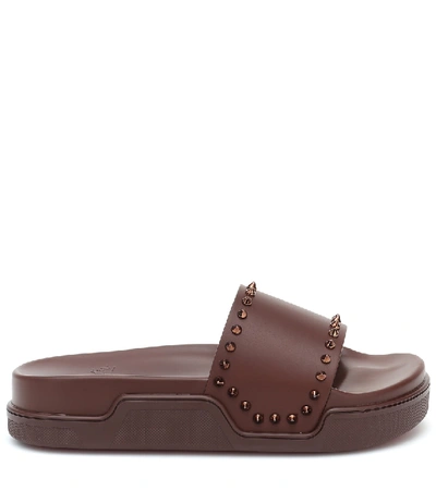 Shop Christian Louboutin Pool Stud Leather Slides In Brown