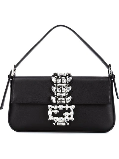 Fendi Swarovski Crystal Embellished Leather Top Handle Bag In Black