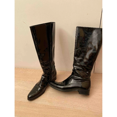 Pre-owned Prada Patent Leather Riding Boots In Black