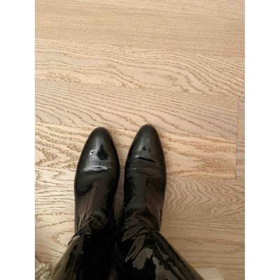 Pre-owned Prada Patent Leather Riding Boots In Black