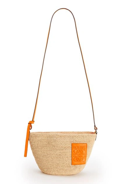 Shop Loewe Paula's Ibiza Pochette Raffia & Leather Shoulder Bag In Natural/ Neon Orange