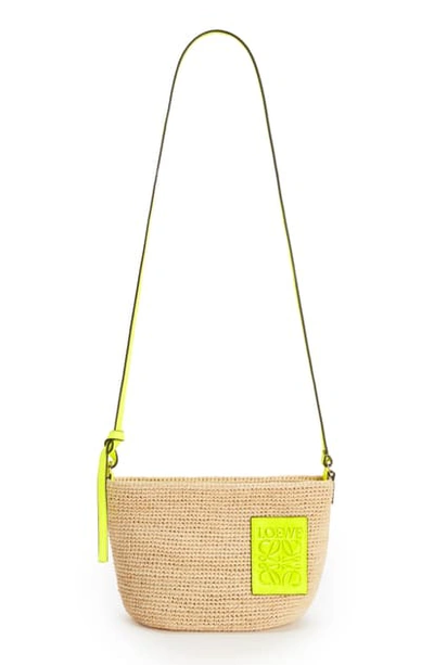 Shop Loewe Paula's Ibiza Pochette Raffia & Leather Shoulder Bag In Natural/ Neon Yellow