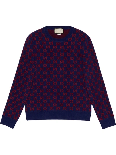 Shop Gucci Jacquard Gg Logo Sweater In Blue