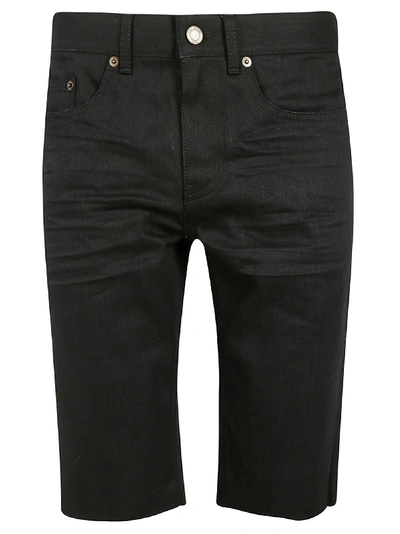 Shop Saint Laurent Frayed Denim Shorts In Used Black