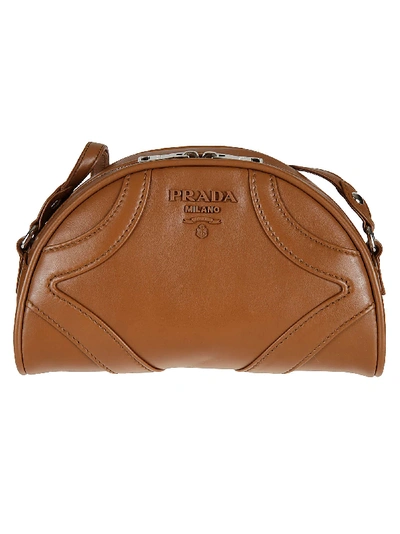 Shop Prada Double Top Zip Shoulder Bag In Cognac