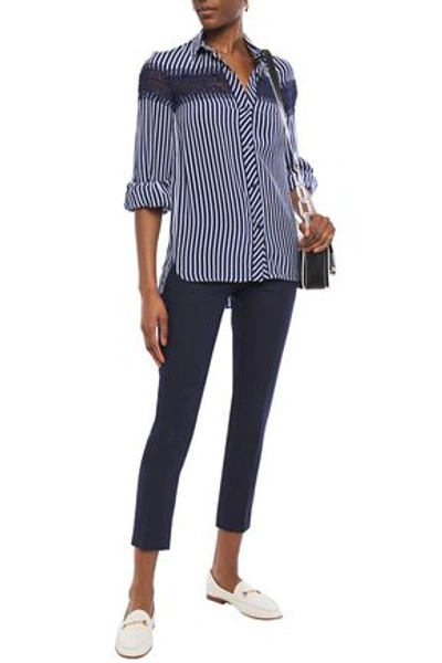 Shop Sandro Ringo Cropped Cotton And Linen-blend Twill Slim-leg Pants In Midnight Blue