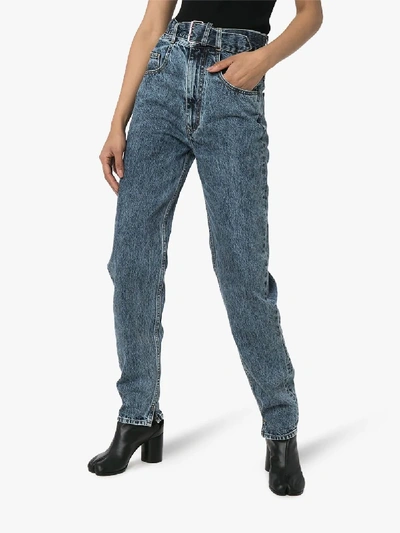 Shop Maison Margiela Belted Tapered Leg Jeans In Blue