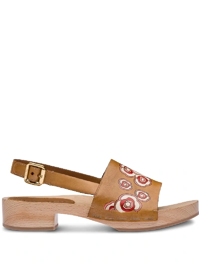 Shop Miu Miu Floral-print Leather Sandals In Brown