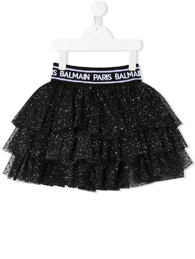 Shop Balmain Polka Dot Ruffled Skirt In Black