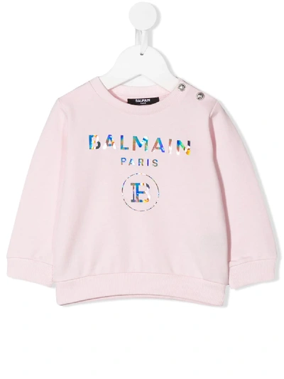 Shop Balmain Iridescent Logo-print Sweatshirt In Pink