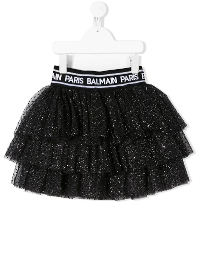 Shop Balmain Glittered Tulle Skirt In Black