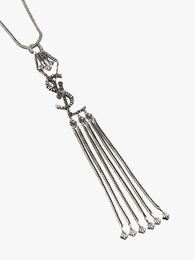 Shop Saint Laurent Silver Tone Logo Fringe Drop Necklace In Metallic