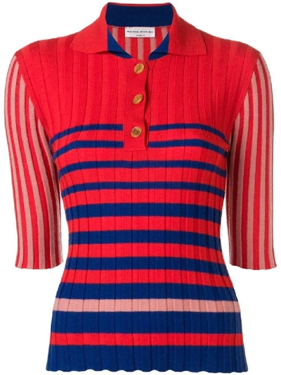 Shop Sonia Rykiel Striped Buttoned Polo Sweater In Red