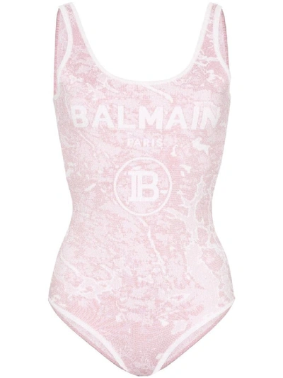 Shop Balmain Logo-print Knitted Bodysuit In Purple