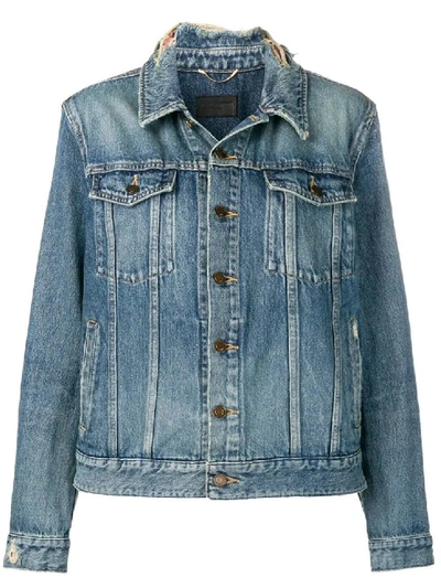 Shop Saint Laurent Frayed Collar Denim Jacket In Blue