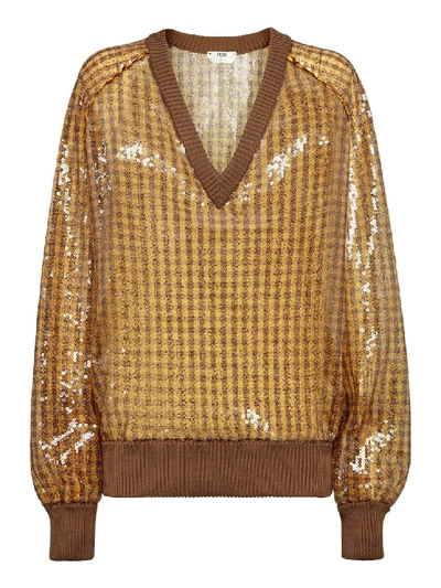 Shop Fendi Sequined Checkered V-neck Sweater In Brown