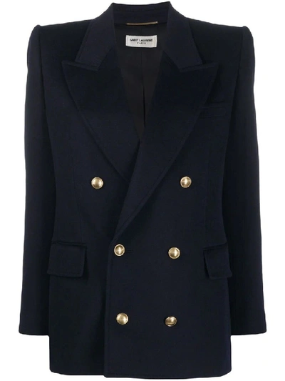 Shop Saint Laurent Navy Double-breasted Tailored Blazer In Black
