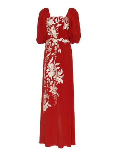 Shop Johanna Ortiz Floral Themes Embroidered Silk Maxi Dress In Red