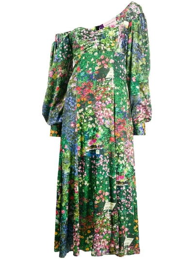Shop Natasha Zinko Green Floral Off-shoulder Dress In Grey