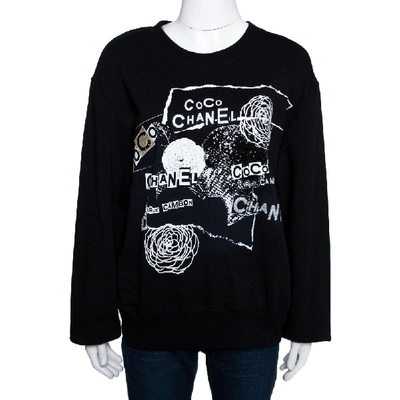 Pre-owned Chanel Black Printed & Embellished Cotton Long Sleeve Sweatshirt Xl