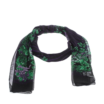 Pre-owned Versace Black & Purple Floral Print Silk Stole