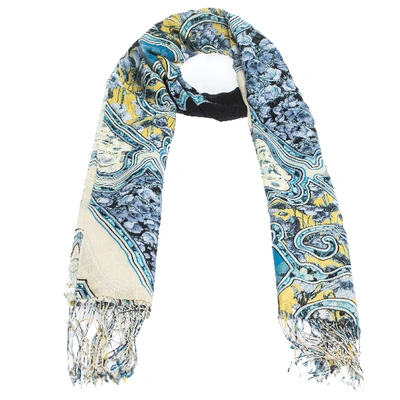 Pre-owned Roberto Cavalli Blue Floral Printed Cashmere Blend Fringed Scarf