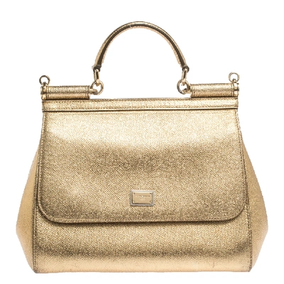 Pre-owned Dolce & Gabbana Metallic Gold Leather Medium Miss Sicily Top Handle Bag