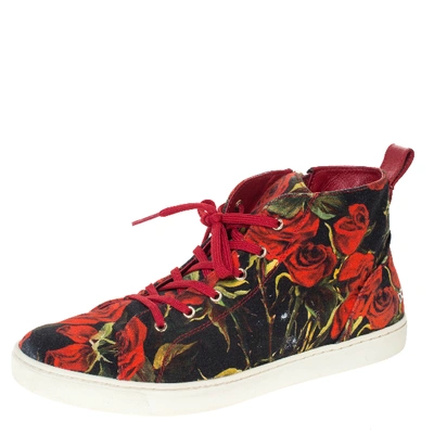 Pre-owned Dolce & Gabbana Red/black Rose Print Canvas High Top Sneakers Size 40