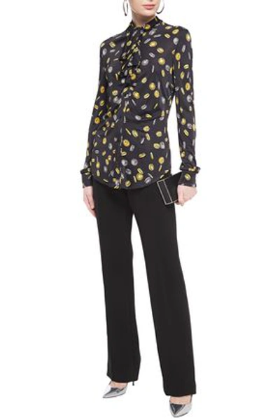 Shop Moschino Tie-neck Ruched Printed Jersey Shirt In Black