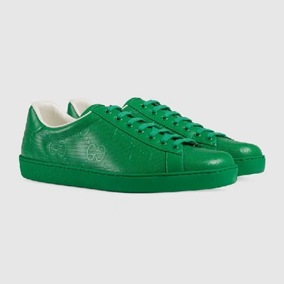 Gucci New Ace Gg Embossed Leather Sneakers In Green | ModeSens