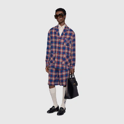 Shop Gucci Check Cotton Linen Jacket With Anchor In Blue