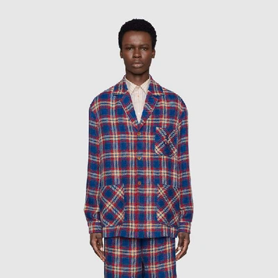 Shop Gucci Check Cotton Linen Jacket With Anchor In Blue
