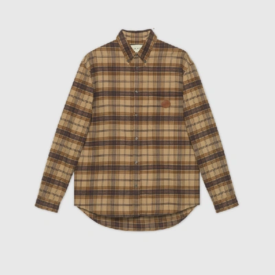 Shop Gucci Check Cotton Shirt With Interlocking G In Brown