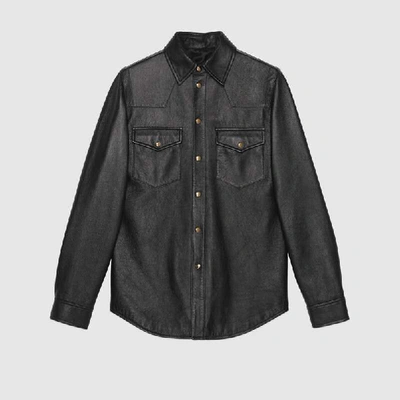 Shop Gucci Leather Shirt With  Logo In Black