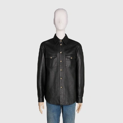 Shop Gucci Leather Shirt With  Logo In Black