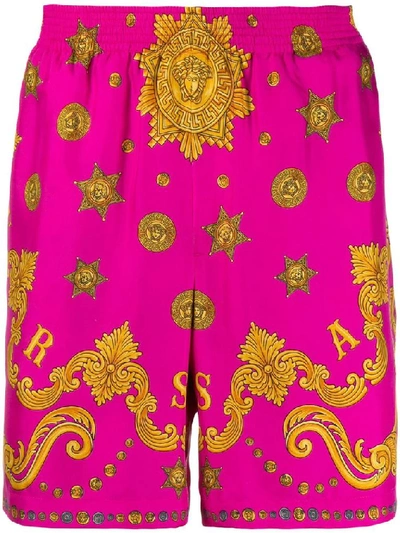 Shop Versace Fuchsia Silk Shorts