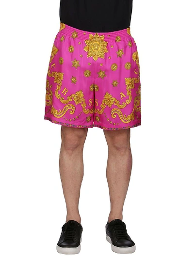 Shop Versace Fuchsia Silk Shorts