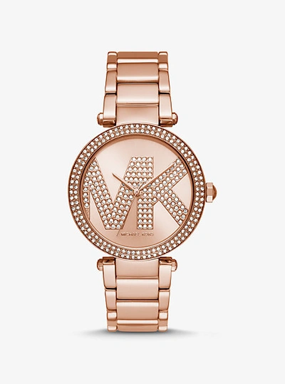 Shop Michael Kors Oversized Pavé Logo Rose Gold-tone Watch
