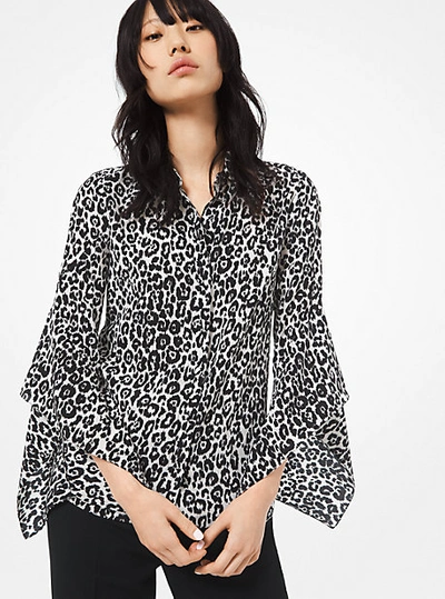 Shop Michael Kors Leopard Silk Crepe De Chine Draped-sleeve Blouse In White