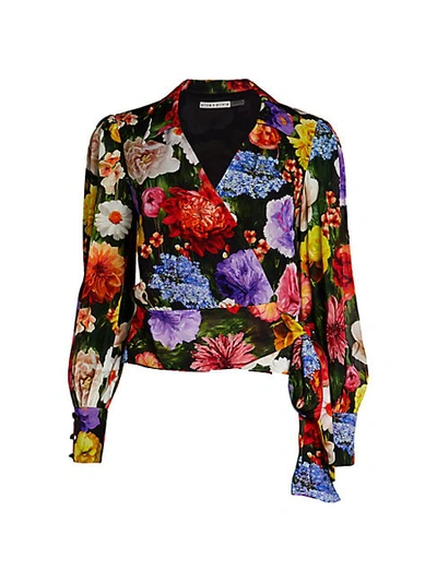 Shop Alice And Olivia Omega Floral Blouson Wrap Top In Black Floral Multi