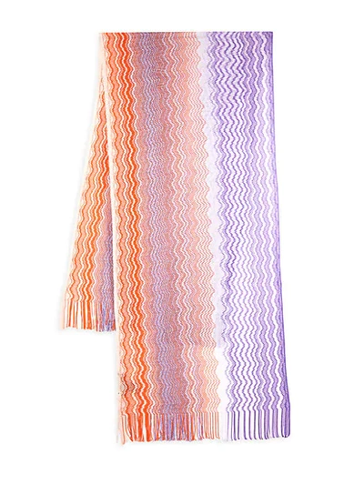 Shop Missoni Chevron-knit Fringed Scarf In Purple Multicolor