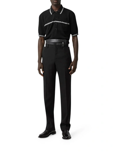 Shop Burberry Wool Knitted Pique Polo With Stripe Detail And Embroidery In Black