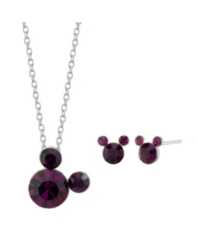 Shop Disney Silver Plated Crystal Birthstone Mickey Mouse Earring And Necklace Set, 16"+2" Extender In February/amethyst